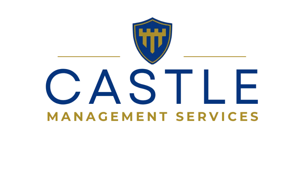 Castle Management Services logo with blue shield and gold accents.