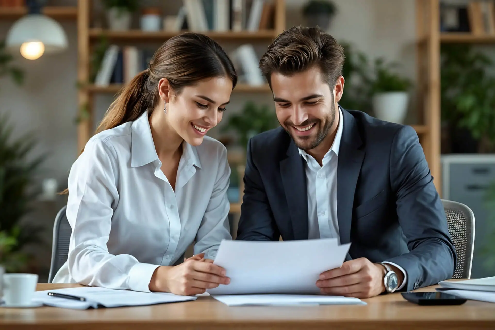 Two professionals smiling while reviewing documents at a desk in an office setting.