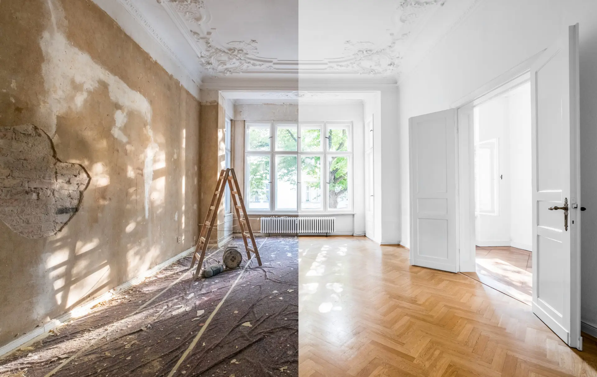 Room split between renovation and finished state, with ladder and tools on left, polished floor and painted walls on right.