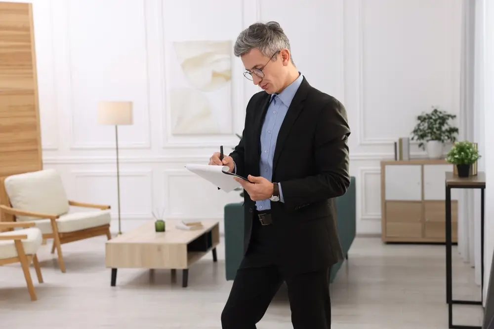 Man in suit writing on clipboard in modern office with stylish furniture and decor.